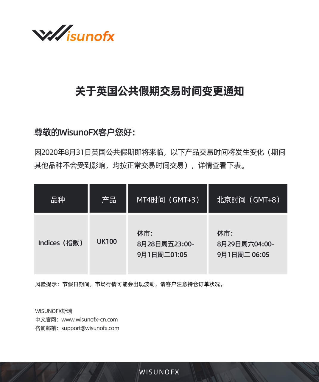 【WisunoFX斯瑞 重要通知】英国公共假期交易时间变更通知