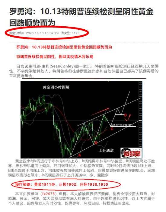 罗勇鸿：10.14黄金避险降温持续下跌，日内行情策略分享