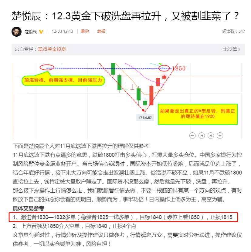 楚悦辰：12.3黄金晚间还是按照上午的策略1830一线进多单