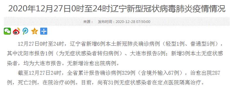 辽宁疫情最新消息！辽宁省新增6例本土新冠肺炎确诊病例，其中沈阳市1例、大连市5例；大连新增3例本土无症状感染者
