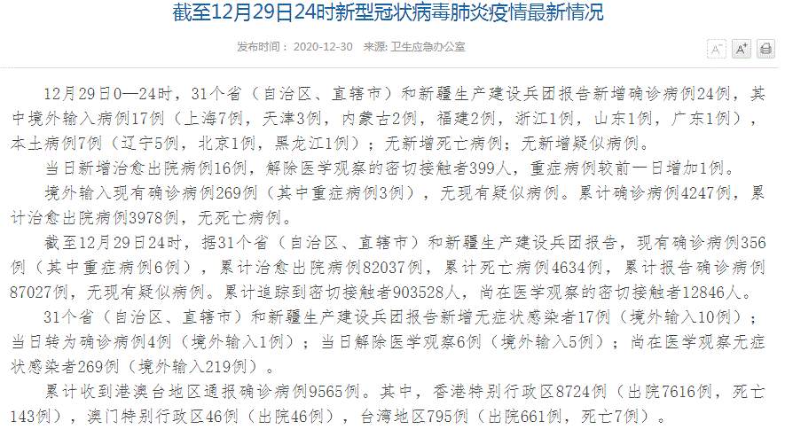 中国疫情最新消息！全国新增确诊病例24例，其中境外输入病例17例（上海7例，天津3例，内蒙古2例，福建2例，浙江1例，山东1例，广东1例），本土病例7例（辽宁5例，北京1例，黑龙江1例） 新增无症状感染者17例