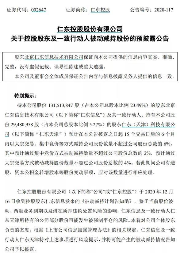 佛山帮抄底全军覆没 仁东控股大股东强制平仓？被动减持6%