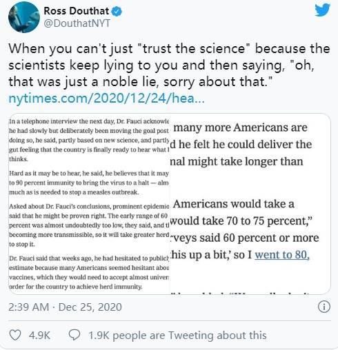 重磅突发！福奇“说真话了”：似乎承认在群体免疫问题上撒了谎骗美国人注射疫苗