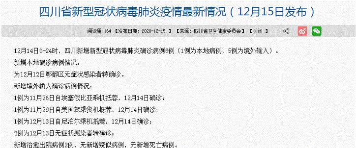 四川疫情最新消息！四川新增确诊病例6例（1例为本地病例，5例为境外输入） 病例详情公布