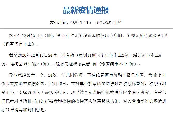 黑龙江最新疫情消息！黑龙江省绥芬河市新增本土无症状感染者1例 系幼儿园教师
