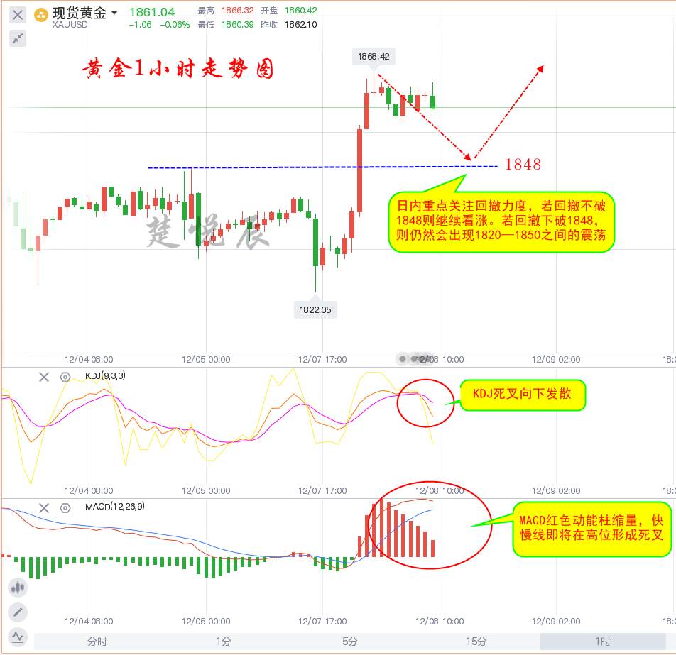楚悦辰：12.8黄金如约到达1860，后市如何操作？