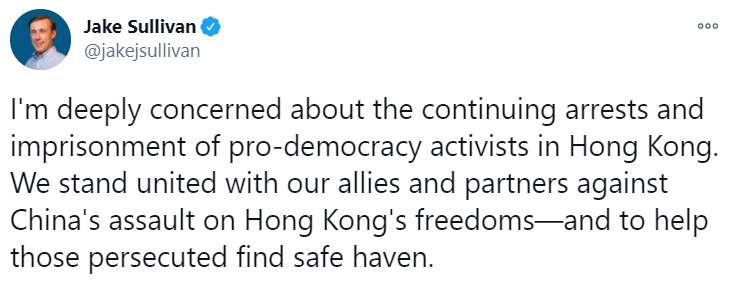 中美最新消息！拜登新提名国安顾问首度公开关切香港被捕人士 推文表态支持澳大利亚民主自由权益