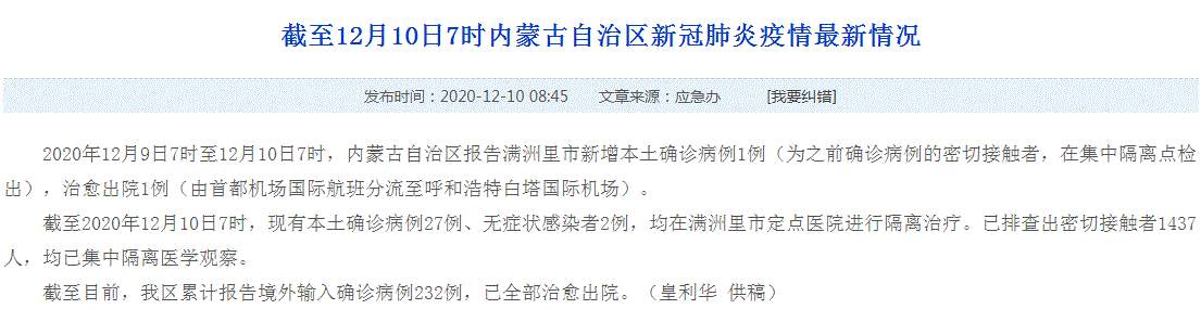 内蒙古最新疫情通报！内蒙古满洲里市新增本土确诊病例1例 已排查出密切接触者1437人
