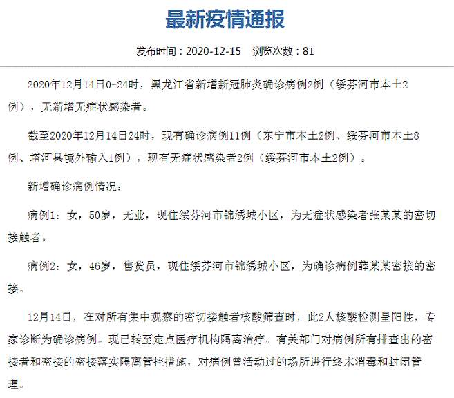 黑龙江最新疫情通报！黑龙江省绥芬河市新增本土新冠肺炎确诊病例2例 病例详情公布