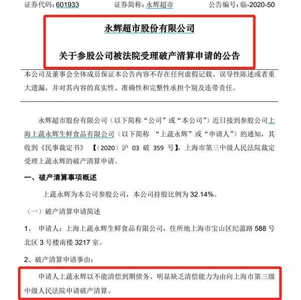 破产清算：700亿A股巨头永辉超市参股公司出大事 欠债8亿多
