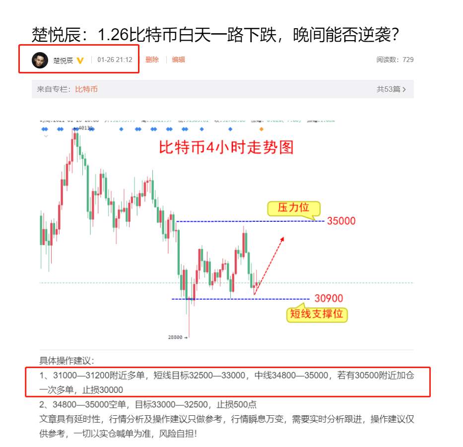 楚悦辰：1.27比特币早间行情分析及交易参考