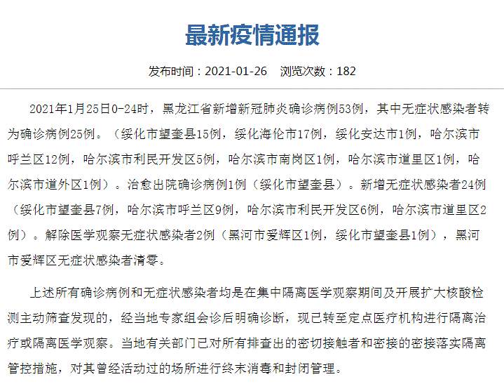 黑龙江疫情最新消息！黑龙江新增53例本土确诊 新增24例本土无症状