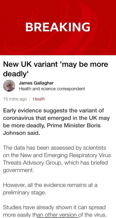 最新消息！英国发现的变异新冠病毒可能造成更高的死亡率 媒体：政府内部正激烈讨论是否完全“封国”