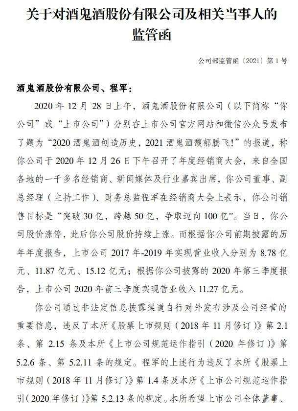 股价累计上涨超30%！酒鬼酒通过非法定信披渠道发布业绩目标收深交所监管函