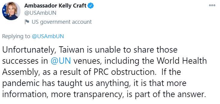 美国驻联合国大使致电蔡英文：台湾多方面成为全球典范 美国将持续以伙伴关系并肩同行
