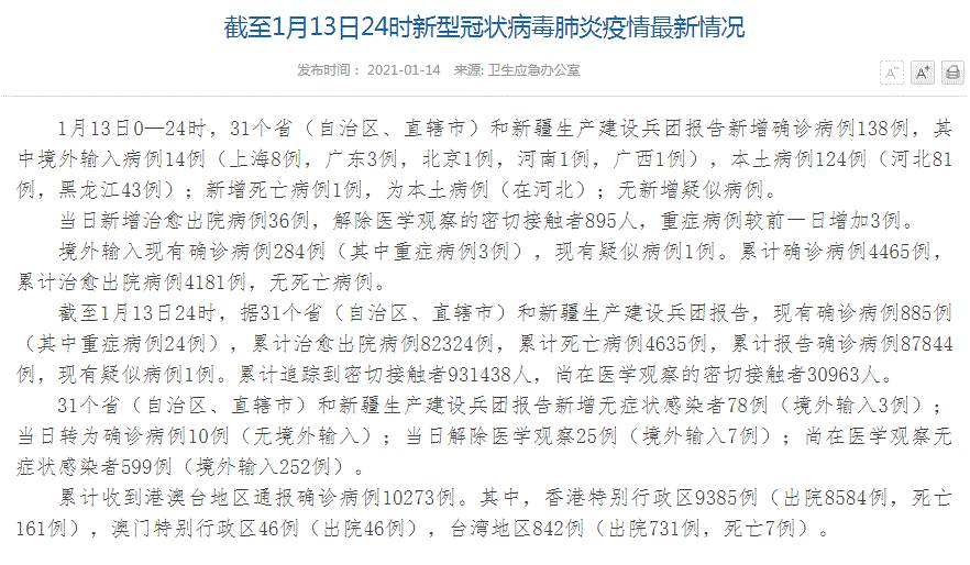 中国疫情最新消息！全国新增确诊病例138例，其中境外输入病例14例，本土病例124例（河北81例，黑龙江43例），河北新增死亡病例1例；全国新增无症状感染者78例（境外输入3例）