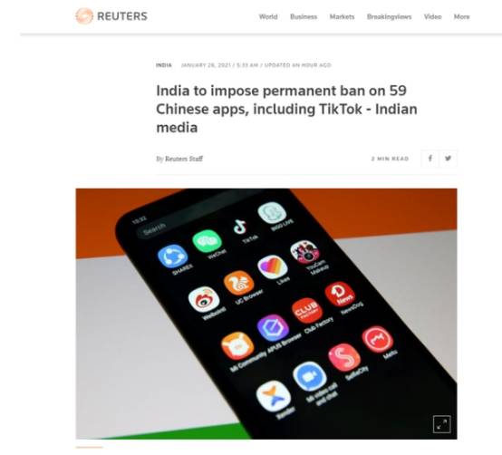 印度媒体：印度宣布将永久禁止59款中国APP 中国驻印度大使馆最新回应