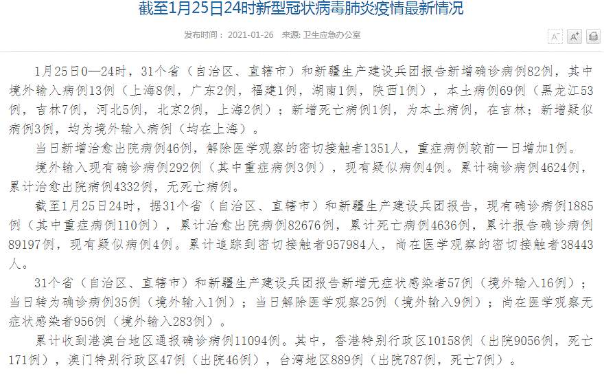 中国疫情最新消息！全国新增确诊病例82例，其中境外输入病例13例，本土病例69例（黑龙江53例，吉林7例，河北5例，北京2例，上海2例）；吉林新增本土死亡病例1例；全国新增无症状感染者57例（境外输入16例）