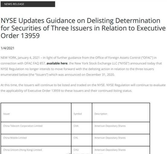 纽交所不再计划将中国电信巨头摘牌 中方最新回应