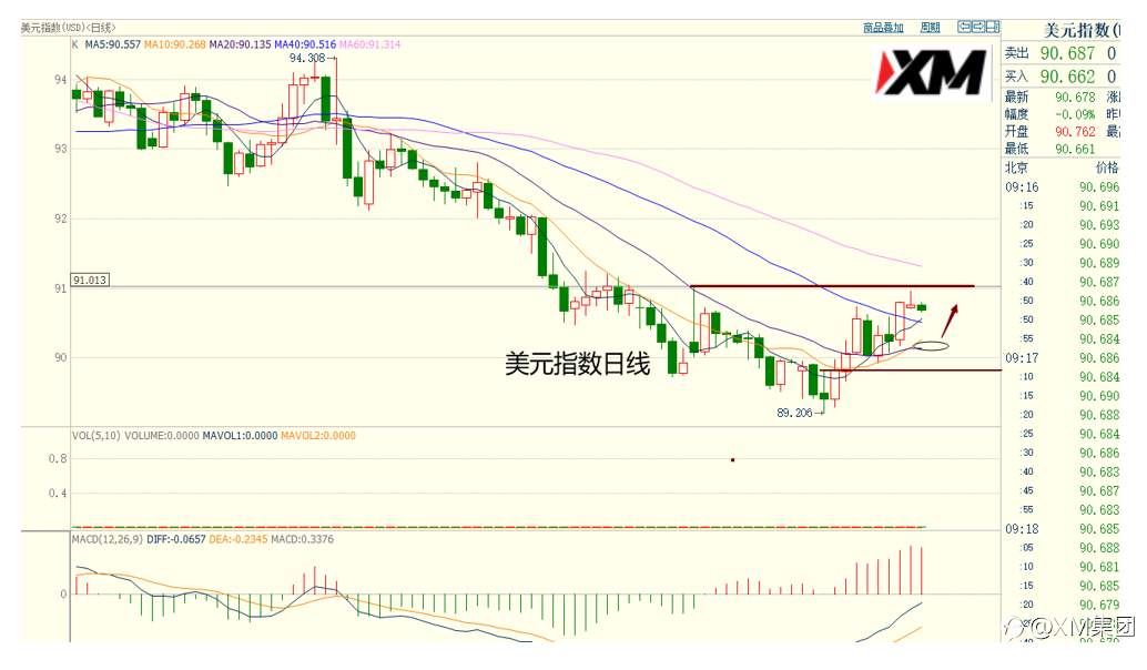 XM汇评 – 黄金1H出现V字形，美元91一带有压制