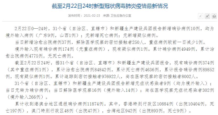中国疫情最新消息！31省区市报告新增确诊病例10例，均为境外输入病例（广东9例，山西1例）；新增无症状感染者9例（均为境外输入）；现有确诊病例374例（其中重症病例1例）