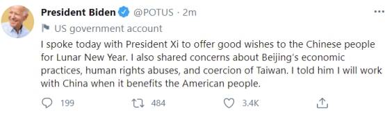 突发重磅！白宫：美国总统拜登与中国国家主席习近平通电话 拜登最新推文：“当有益于美国人民时，我将与中国合作”