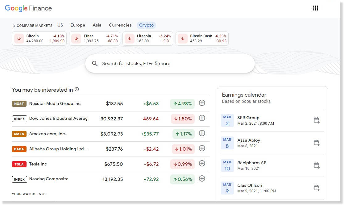 Google Finance Adds Dedicated 'Crypto' Tab Featuring Bitcoin, Ethereum, Litecoin
