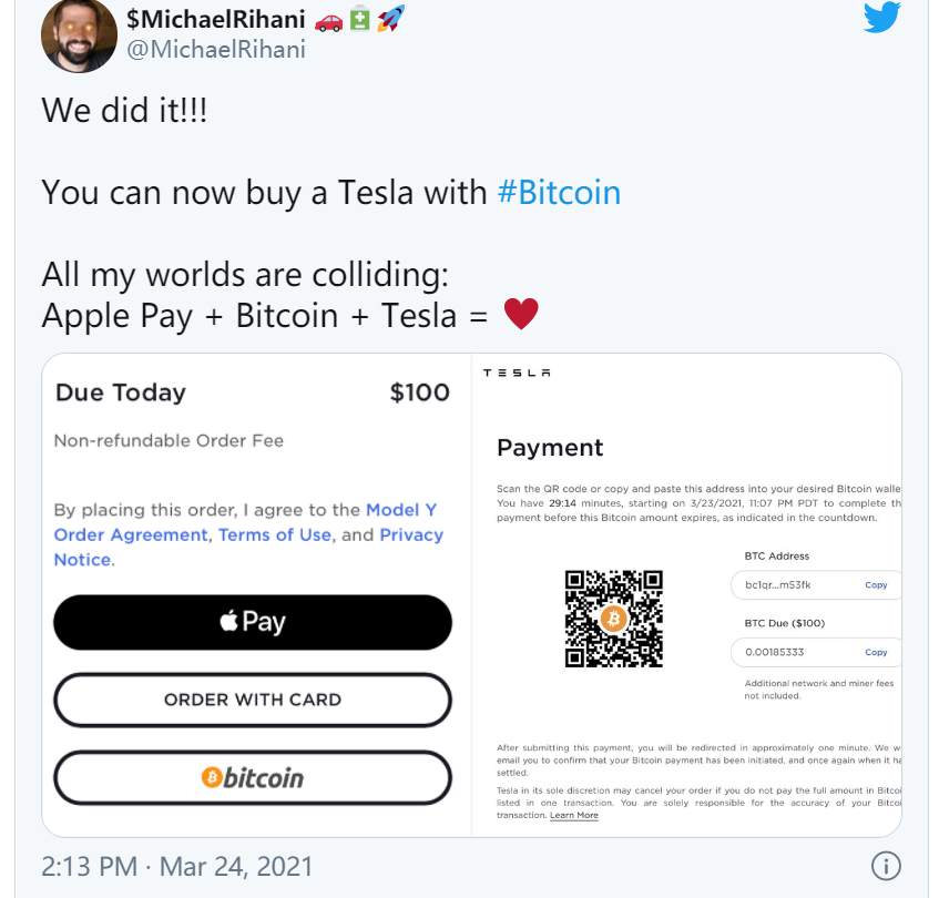 比特币跌了，马斯克急了：可以用BTC买特斯拉了