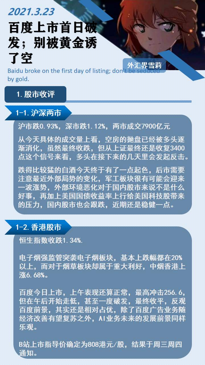 百度上市首日破发；别被黄金诱了空
