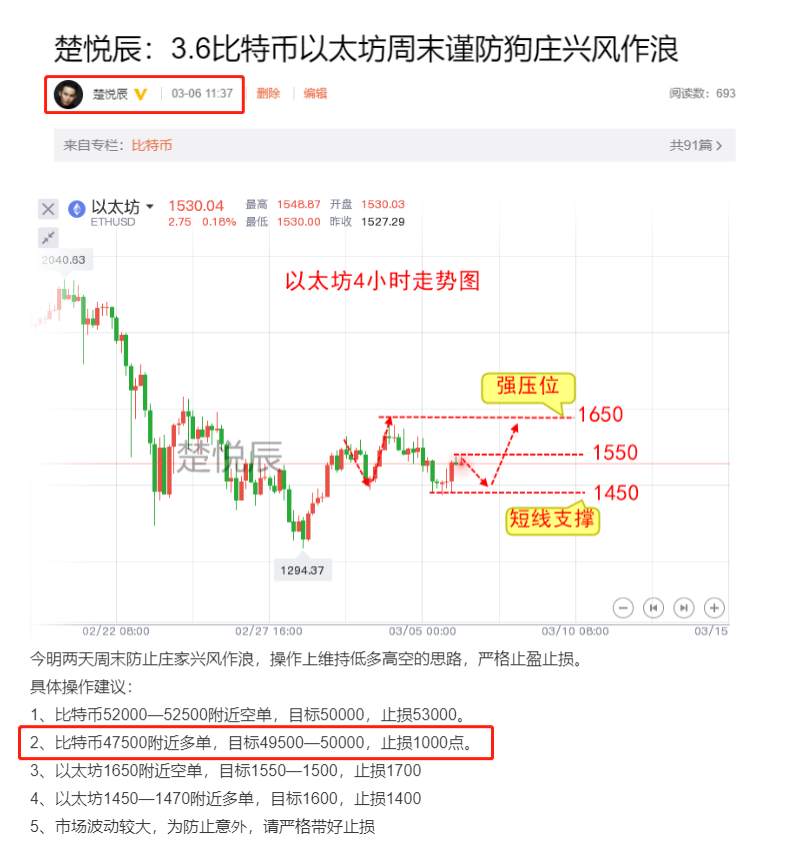楚悦辰：3.7比特币以太坊持续震荡，先涨后跌才好下手？