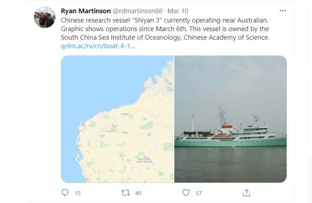 中澳局势不平静！中国科考船驶入西澳大利亚沿海海岸 海事研究专家：归中国科学院所有