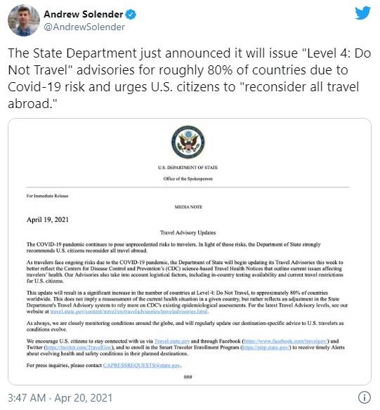 美国国务院更新旅行建议：对全球80%的国家提升至“最高四级警告”
