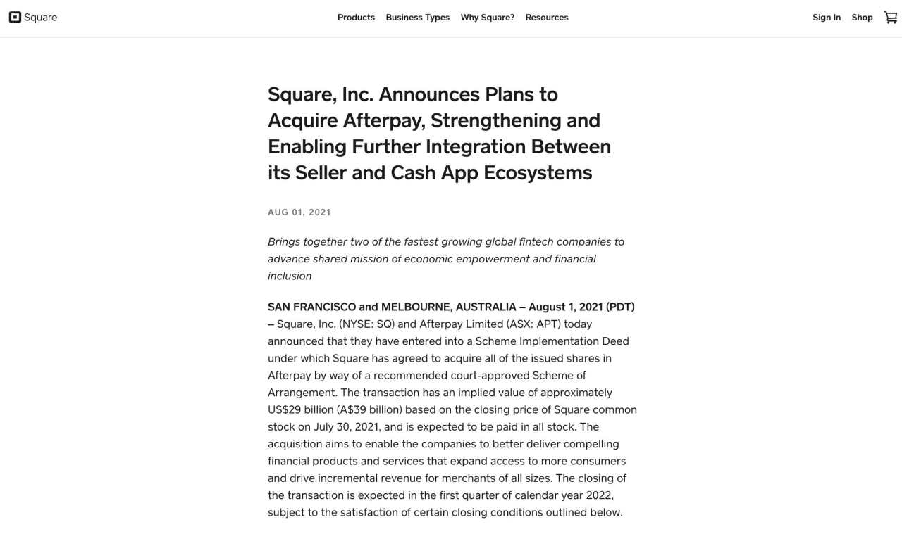 先买后付消费方式流行 “美版支付宝”Square 290亿美元收购Afterpay