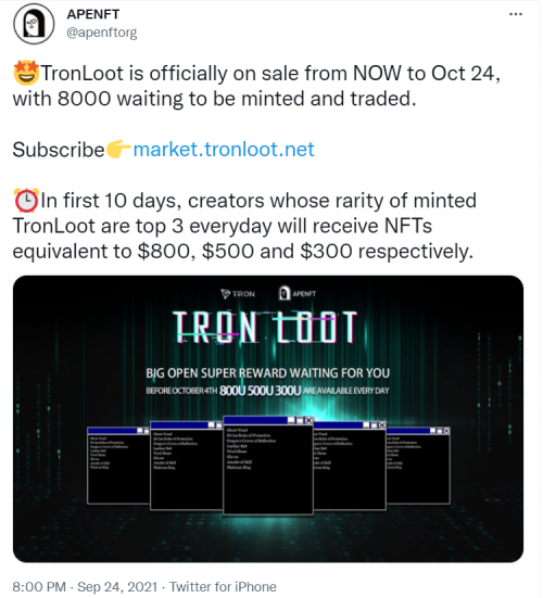 APENFT推出波场链上首个Loot盲盒,为NFT赛道提供更多可能性