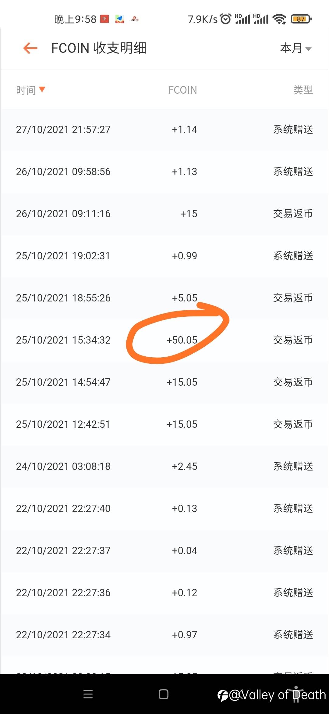 朋友们为啥我的交易返FCOIN是断断续续的？需要持仓多久？