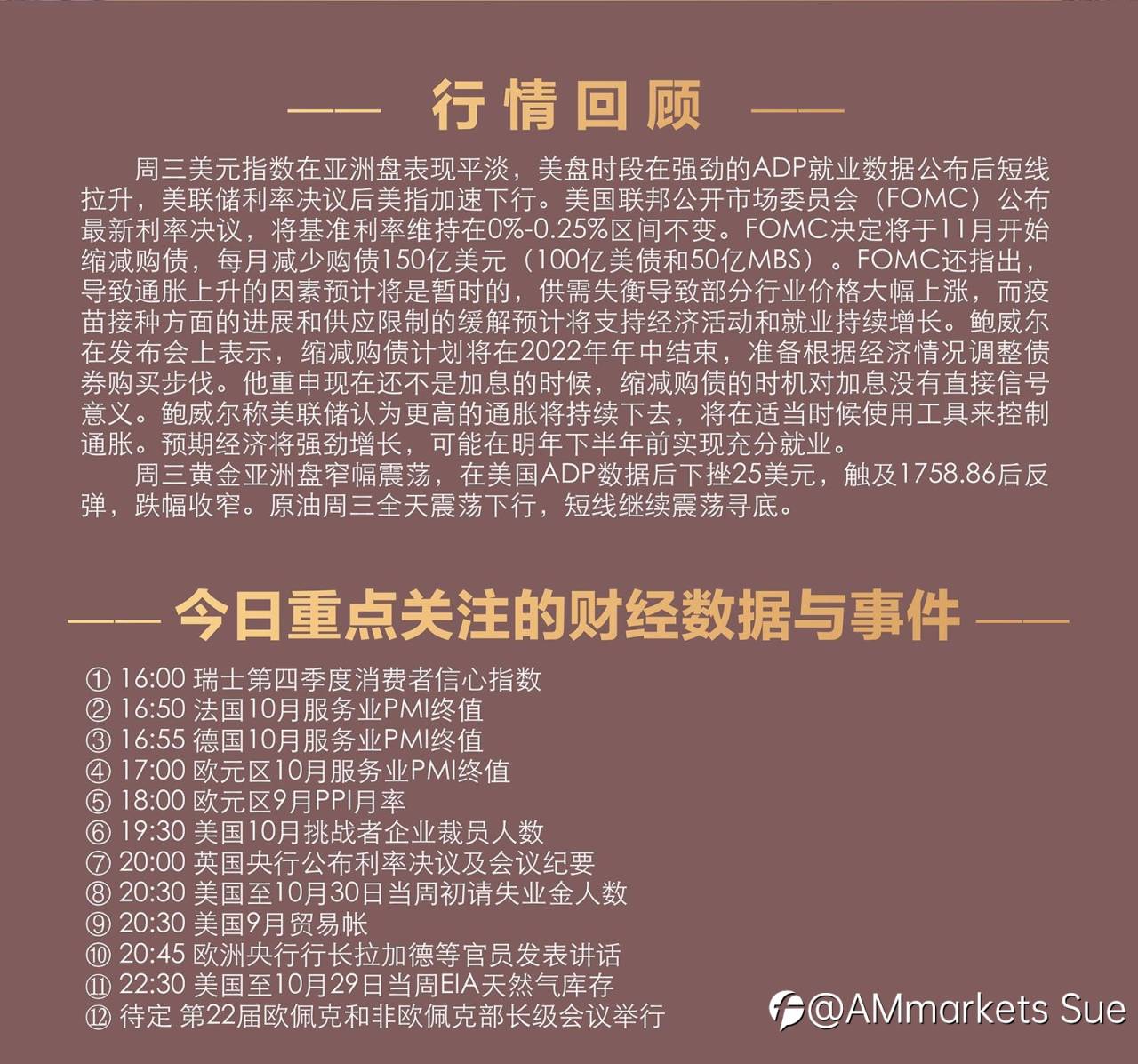 11.04AMMARKETS分析报告（美联储Taper靴子落地，美指冲高回落）