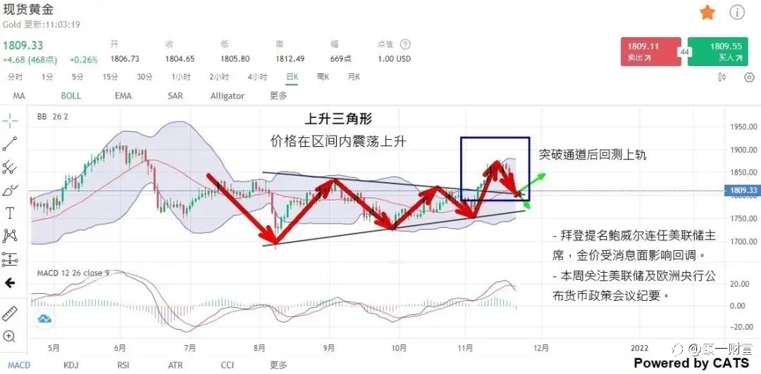 金价逢低做多，日线图震荡上升突破形态回调