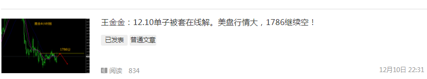 王金金:12.11黄金1786空获利中,下周1786继续空!
