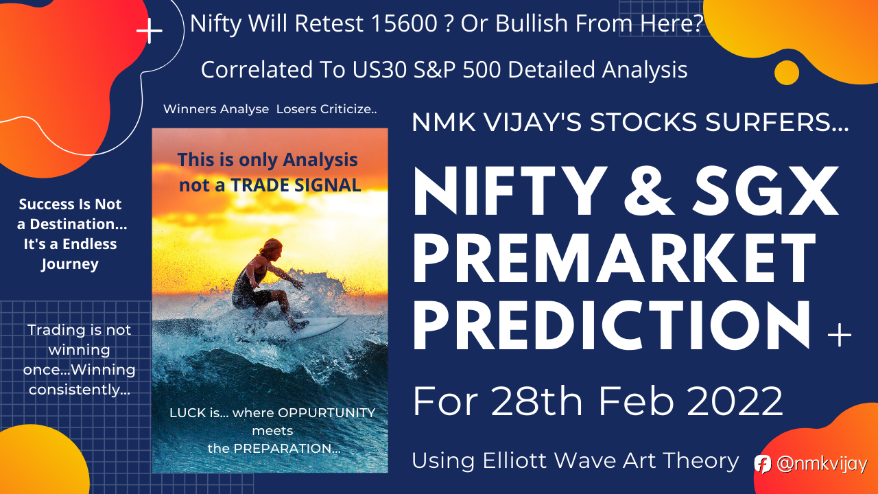 Nifty SGX S&P500 US30 Premarket Prediction For 28-02-2022 | Still Bullish | Using Elliott Wave ART