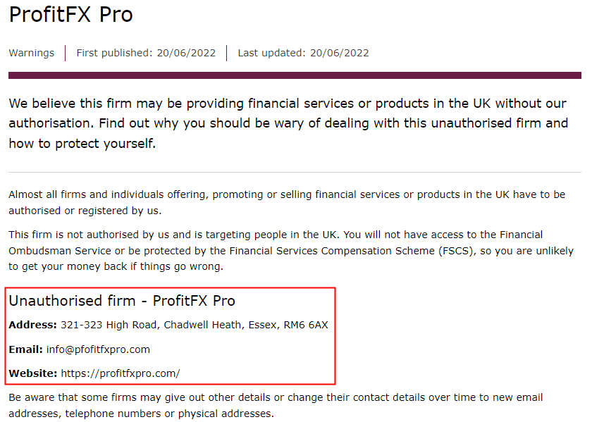 FCA Warning: Beware of the Unlicensed ProfitFX Pro