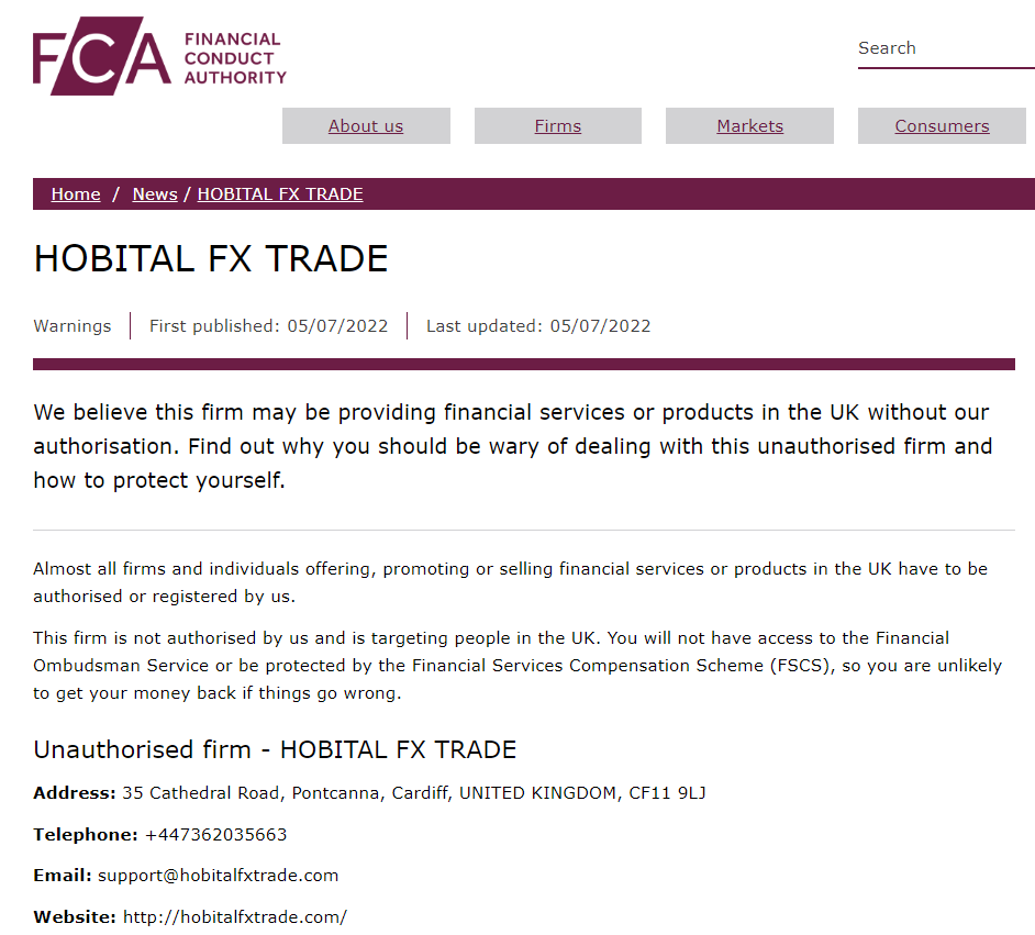 Warning: The FCA Flags HobitalFxTrade as a Fraud