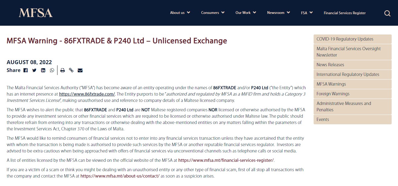 Regulated in Many Countries? 86FXTRADE is Warned by MFSA