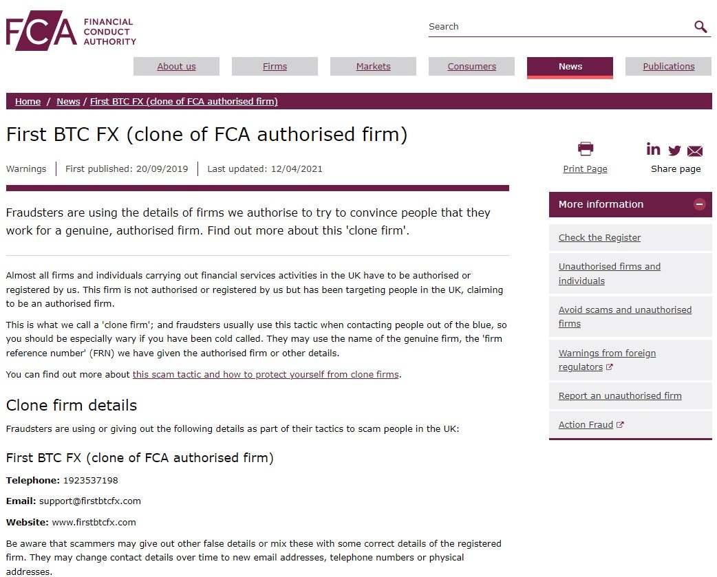 Scam Alert: Be Careful of the Warned FX Broker First BTC FX