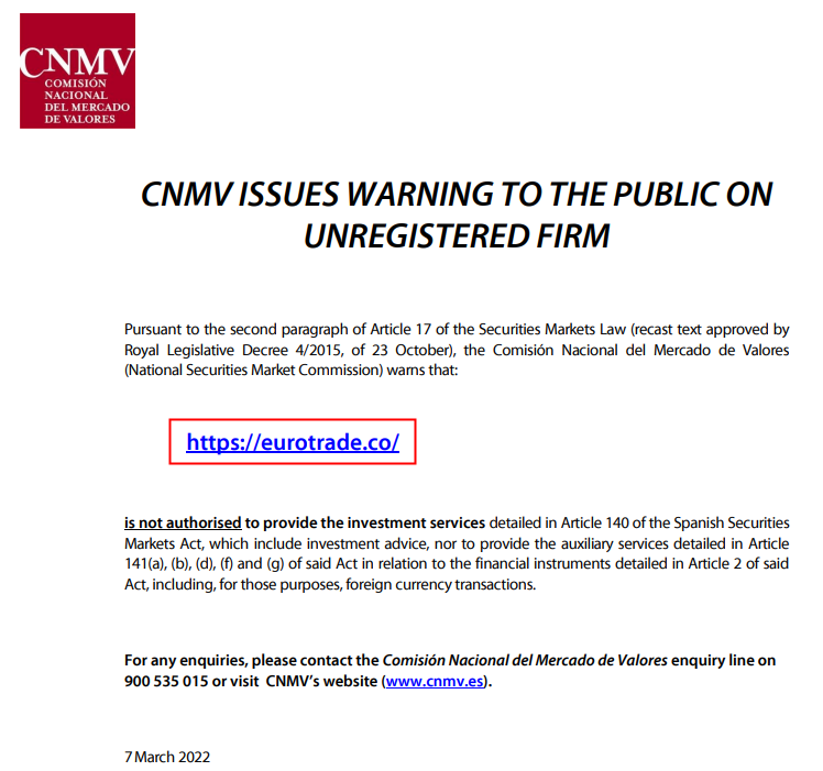 Alert: FCA, CNMV and FSMA Added EuroTrade into Warnings