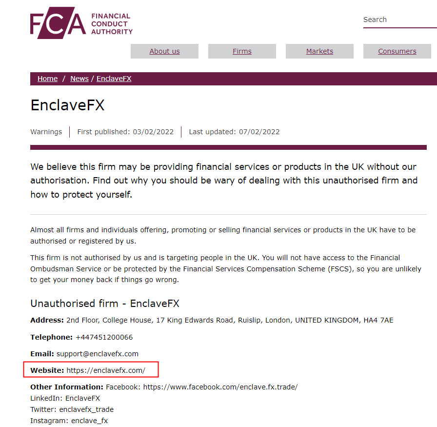 FCA Warning: EnclaveFX Receives Withdrawal Complaints
