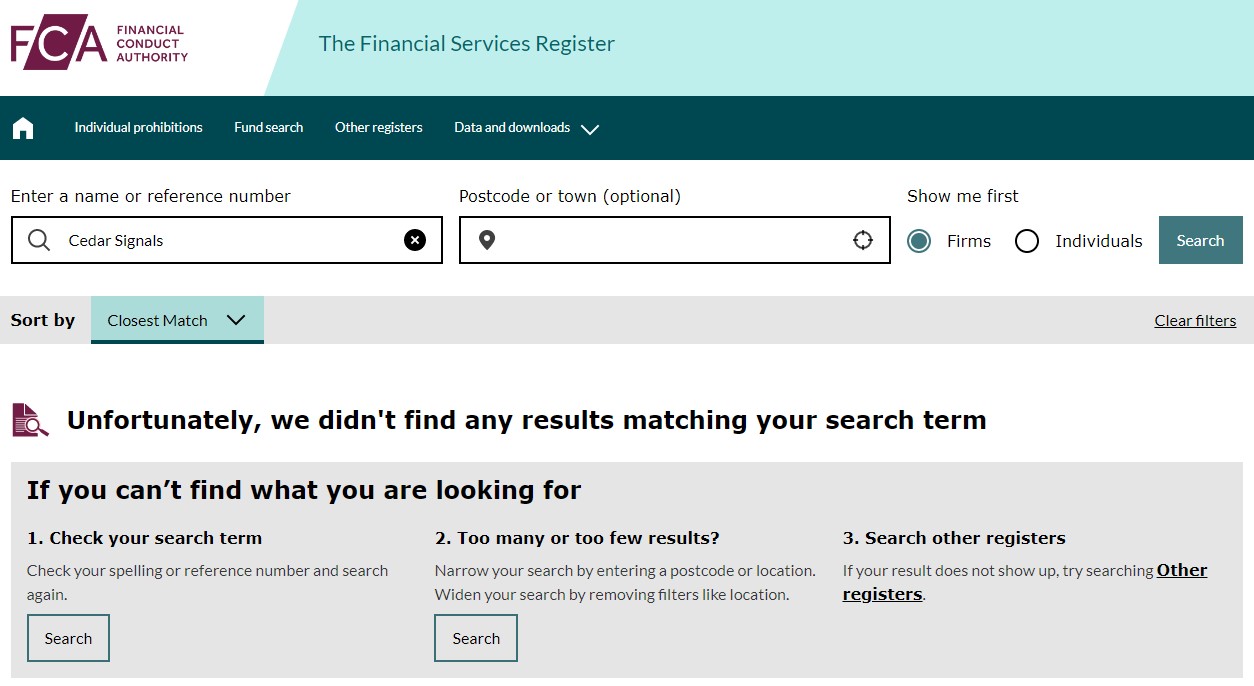 Pretend to be Regulated: Cedar Signals is an Unlicensed FX Broker
