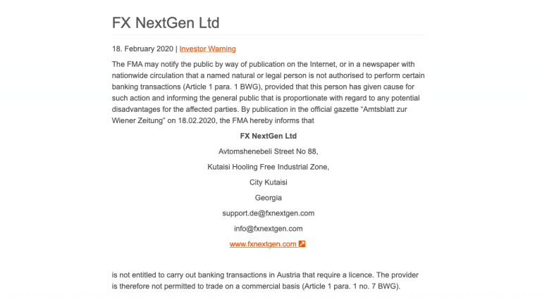 Be Cautious! Unregulated FX Broker FxNextGen is Warned by Austria FMA