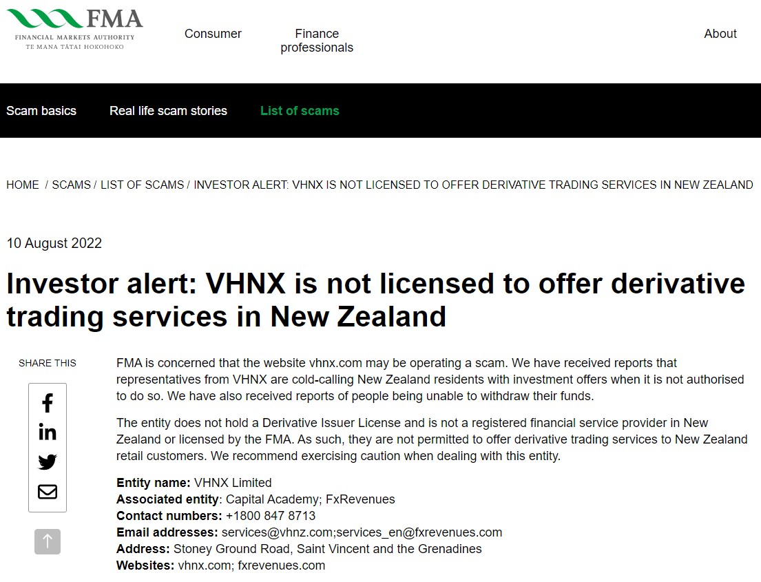 Scam Exposed: New Zealand FMA Warns Against Unlicensed FX Brokers - VHNX and FxRevenues