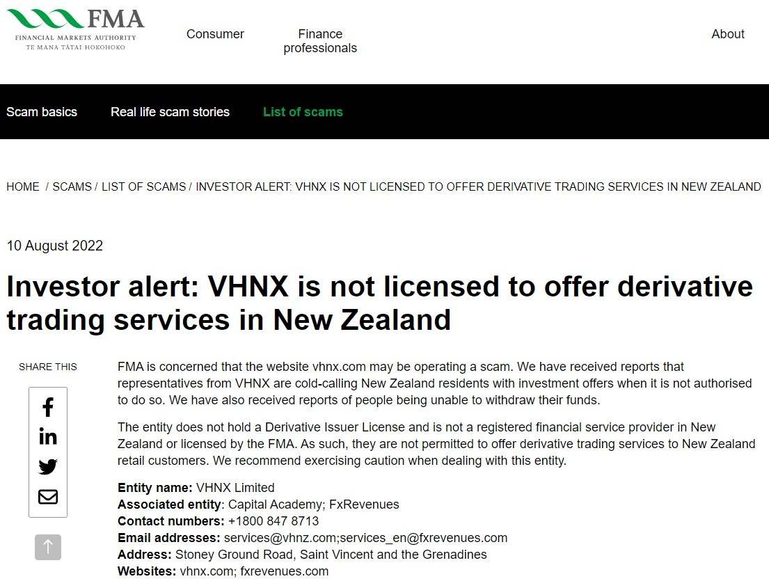 Scam Exposed: New Zealand FMA Warns Against Unlicensed FX Brokers - VHNX and FxRevenues