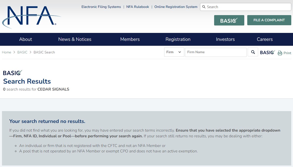 Pretend to be Regulated: Cedar Signals is an Unlicensed FX Broker